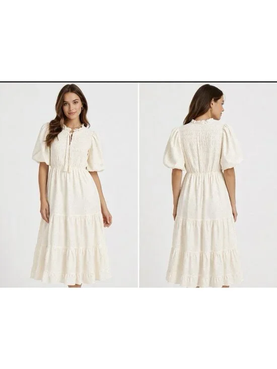 Moon River Womens Smocked Milkmaid Maxi Dress M Cream Dot Princess Feminine NEW - Picture 2 of 9